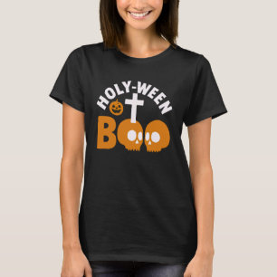 Camiseta Santo-Ween Boo Cristão Halloween Cruz e Caveira