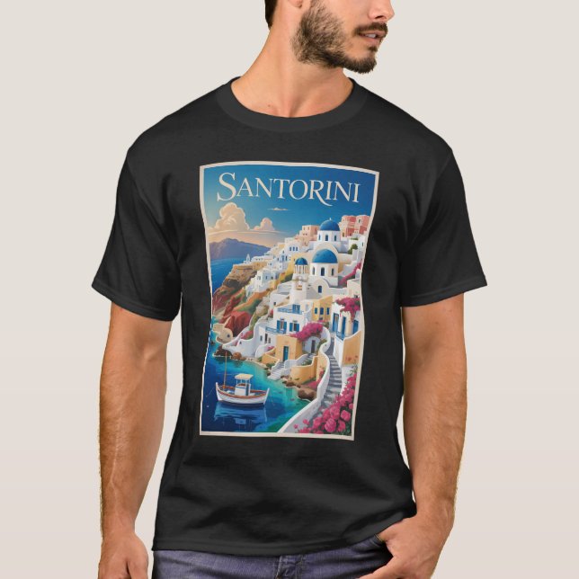 Camiseta Santorini Greece Illustration Travel Art Vintage (Frente)