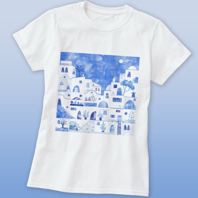Camiseta Santorini - Ilhas Aquarela Gregas (Oia Santorini blue and white watercolor painting T-shirt)