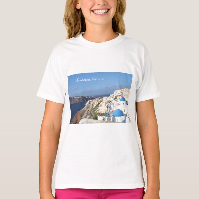 Camiseta Santorini, piscina, Oia, t-shirt das meninas (Frente)