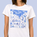 Camiseta Santorini Watercolor Personalizado<br><div class="desc">Pintura de paisagem branca e azul de aquarela baseada na adorável ilha grega de Santorini. Altere o nome para personalizar. Arte original de Nic Squirrell.</div>