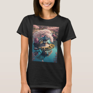 Camiseta Santuário em um Lago de Jardim Japonês Flores de C