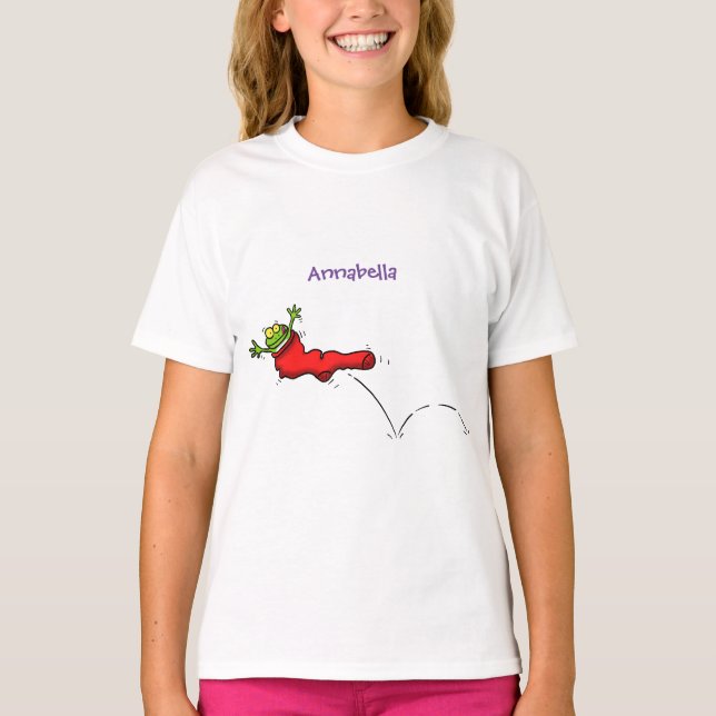 Camiseta Sapo bonito em um desenho de salto em meia vermelh (Frente)