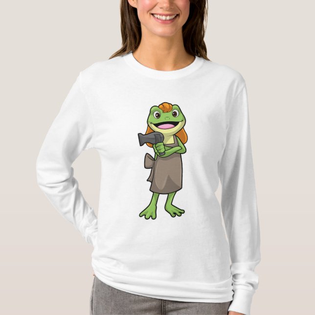 Camiseta Sapo como cabeleireiro com secador de cabelo (Frente)