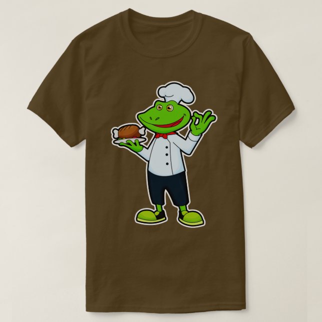 Camiseta Sapo como cozinheiro com frango de placa de serviç (Frente do Design)