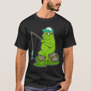 Camiseta Sapo como pescador com cana de pesca e peixe