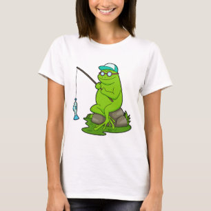 Camiseta Sapo como pescador com cana de pesca e peixe