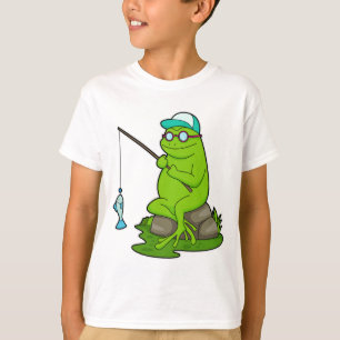 Camiseta Sapo como pescador com cana de pesca e peixe