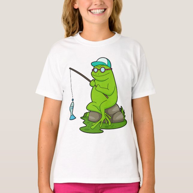 Camiseta Sapo como pescador com cana de pesca e peixe (Frente)