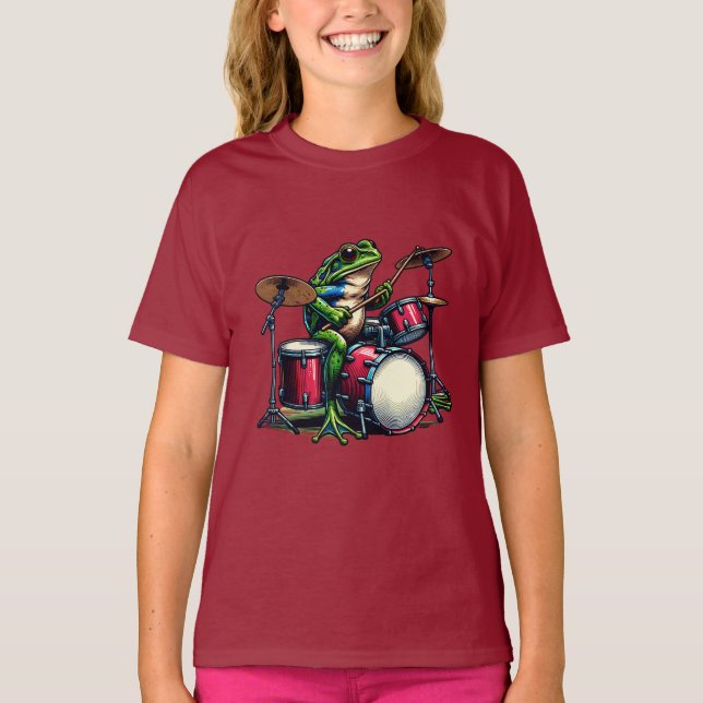 Camiseta Sapo de Cartoon Engraçado Tocando Tambores (Frente)