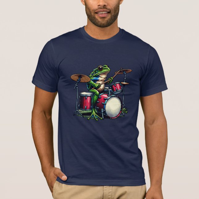Camiseta Sapo de Cartoon Engraçado Tocando Tambores (Frente)