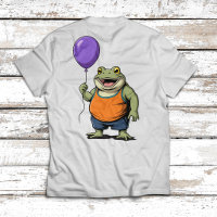 Sapo de desenho animado fofo segurando balão roxo