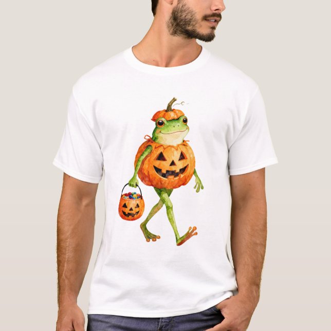 Camiseta Sapo de Halloween bonito na fantasia de abóbora (Frente)