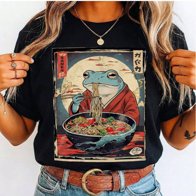 Camiseta Sapo Engraçado Comendo Macarrão Japonês para Prese (Criador carregado)