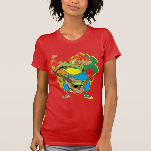 Camiseta Sapo Engraçado Jogando Banjo Em Cogumelos (Frente)