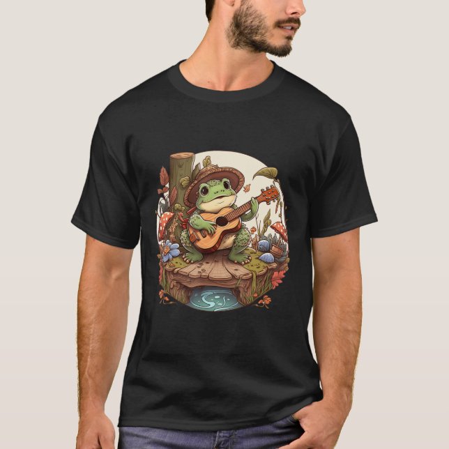 Camiseta Sapo estético de algodão branco tocando banjo em M (Frente)