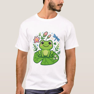 Camiseta Sapo Fofo Almofada de Lírio Lótus Kawaii Animal