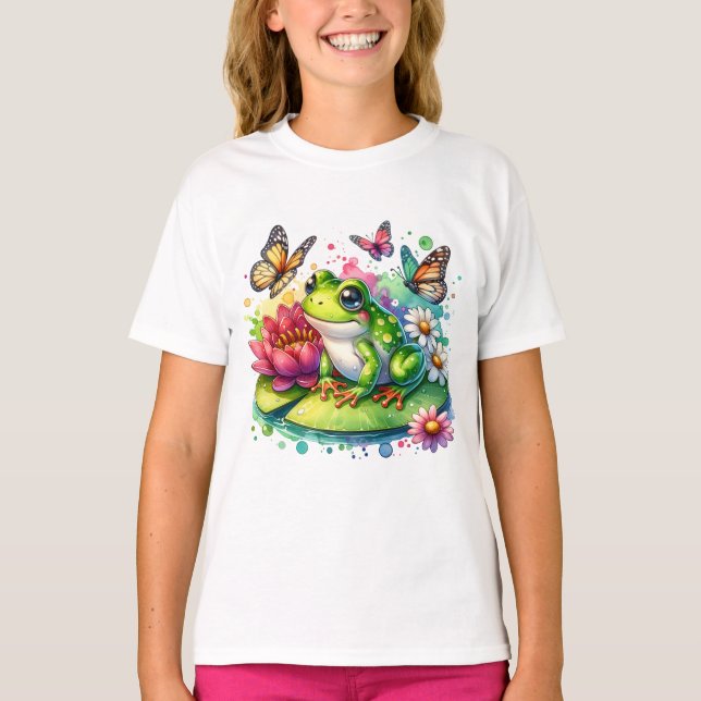 Camiseta Sapo giro no calço lírio com flores e borboletas (Frente)