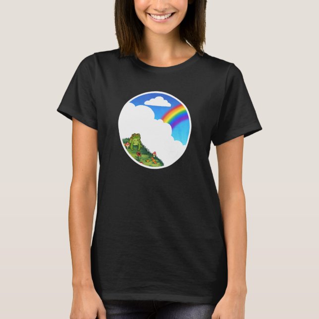 Camiseta Sapo Grumpy Numa Colina Grassada Com Céu E Arco-Ír (Frente)