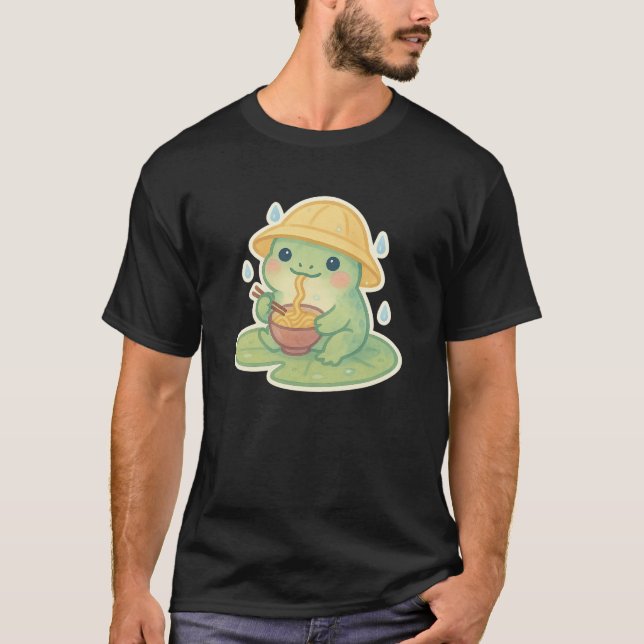 Camiseta Sapo Kawaii Comendo Ramen no Lily Pad - Chuva-Cuta (Frente)