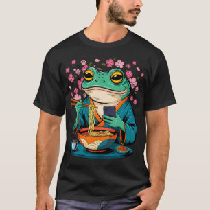 Camiseta Sapo Mal-Humorado Divertido Come Ramen e Rola Celu