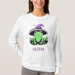 Camiseta Sapo Verde Vestindo Chapéu de Bruxa Roxo