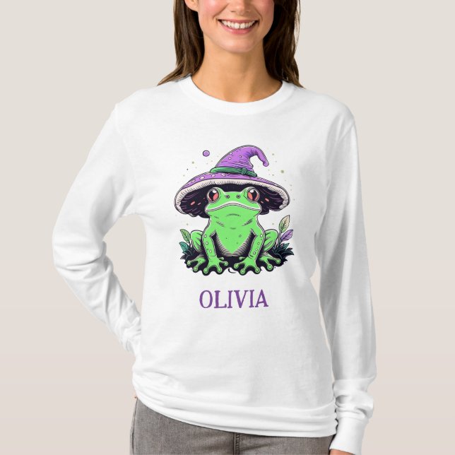Camiseta Sapo Verde Vestindo Chapéu de Bruxa Roxo (Frente)