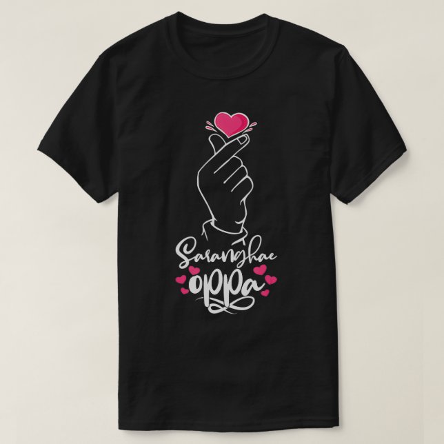 Camiseta Saranghae Oppa Korean Heart Hand Sign KPop Kdrama  (Frente do Design)