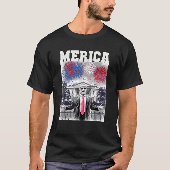 Camiseta Sarcástico TRUMP 4 de julho MERICA FIREWORKS Patri (Frente)