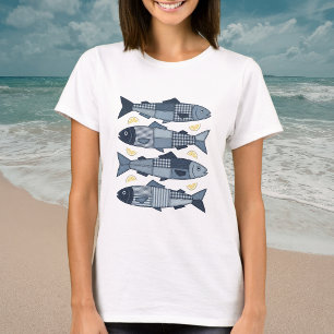 Camiseta Sardinhas no Estilo Patchwork Tema Costa Marítima