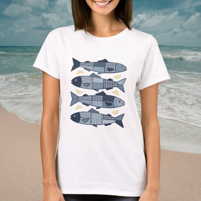 Camiseta Sardinhas no Estilo Patchwork Tema Costa Marítima (Criador carregado)