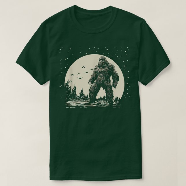 Camiseta Sasquatch à noite com lua cheia e estrelas (Frente do Design)