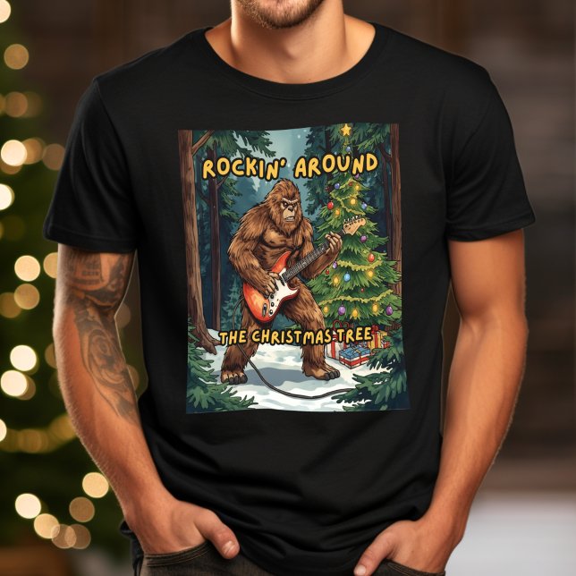 Camiseta Sasquatch Guitar Rockeando em Volta da Árvore de N (Criador carregado)
