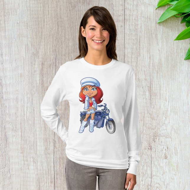 Camiseta Sassy Biker Girl com cabelo vermelho e motocicleta (Criador carregado)