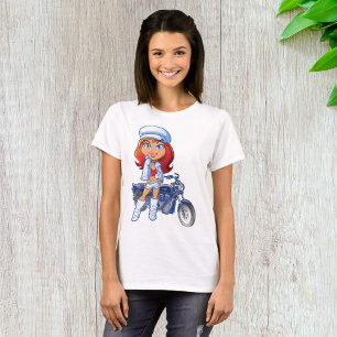Camiseta Sassy Biker Girl com cabelo vermelho e motocicleta