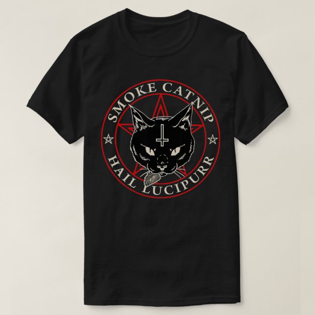 Camiseta Satanás Black Cat Hail Satã Fumaça Catnip Hail Luc (Frente do Design)