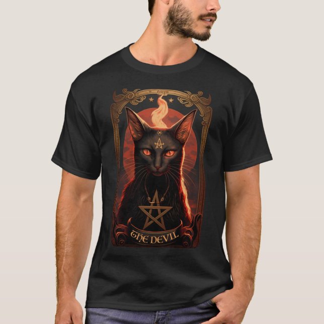Camiseta Satanás Pentagrama Místico Gato Tarô Diabo Taro (Frente)