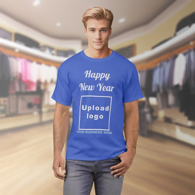 Camiseta Saudação de Ano Novo da Royal Blue T Shirt (Business name and logo with New Year greeting on royal blue t-shirt)