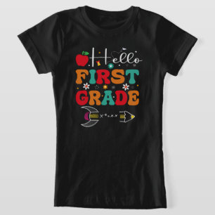 Camiseta saudação, primeiro ano, de volta à escola
