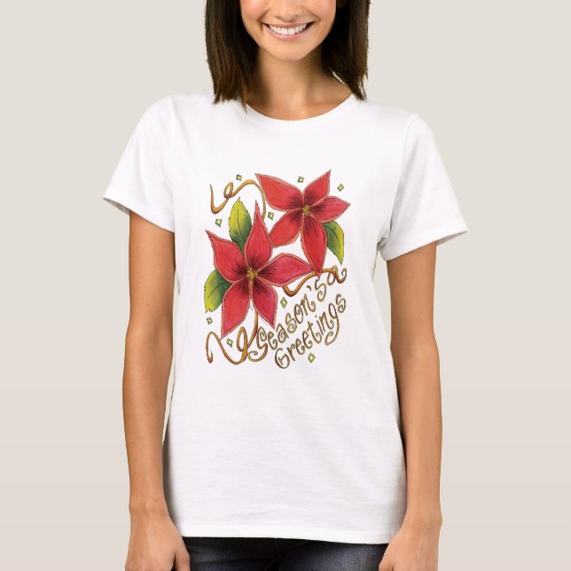Camiseta Saudações da Festa de Natal com Poinsettias (Frente)