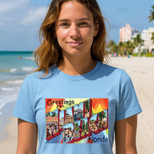 Camiseta Saudações da Praia de Miami Letra Maiúscula Vintag