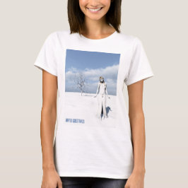 Camiseta Saudações de Inverno. Elfa feminina caminhando na