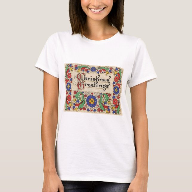Camiseta Saudações de Natal Antigas com Bordas Decorativas (Frente)