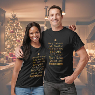 Camiseta Saudações de Natal com Brilho Dourado em Múltiplos