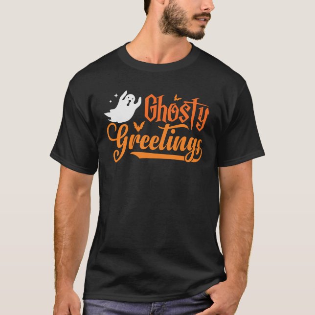 Camiseta Saudações Gengalhadas Feira de Halloween Fantasma  (Frente)
