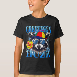 Camiseta Saudações Huzz Mapache Meme Caos Humor Vibrações 