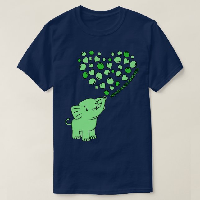 Camiseta Saúde Mental Consciência Elefante Coração Apoiante (Frente do Design)