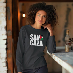 Camiseta SAVE GAZA manga preta comprida para mulher muçulma