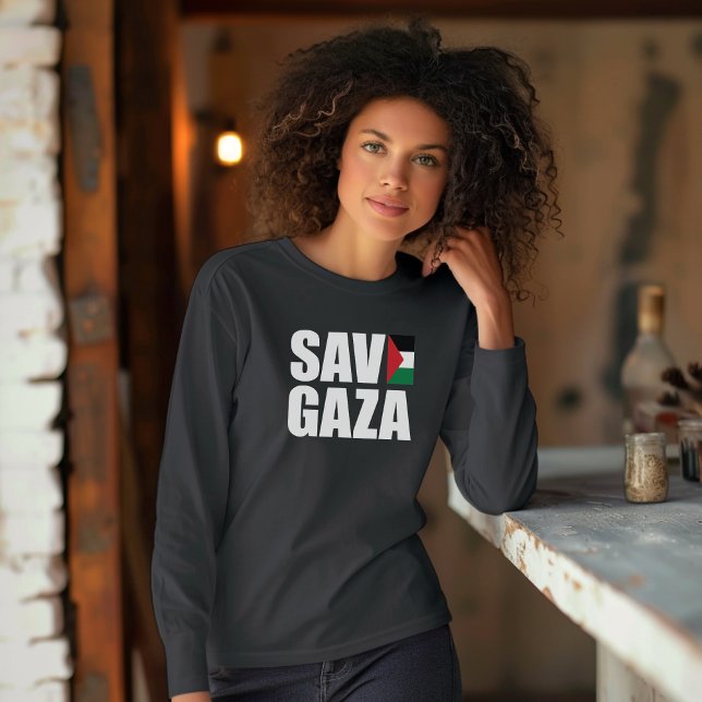 Camiseta SAVE GAZA manga preta comprida para mulher muçulma (Criador carregado)
