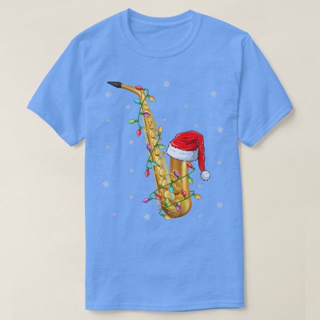 Camiseta Saxofone Music Xmas Lighting Santa Hat Saxofone (Frente do Design)